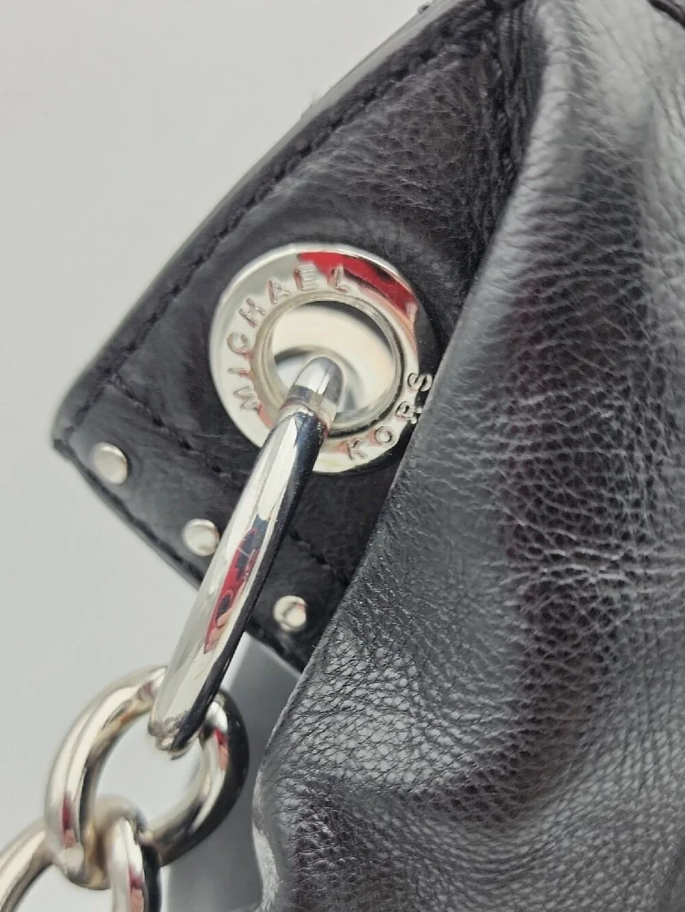 Michael Kors Uptown Astir Tortuga Black Leather Studded Chain-Accent Hobo